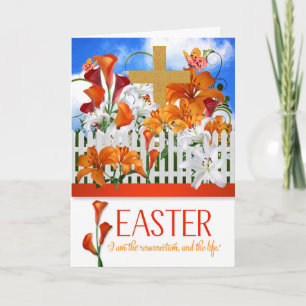 Lily Garden with Gold Cross Scripture Easter Holiday Card