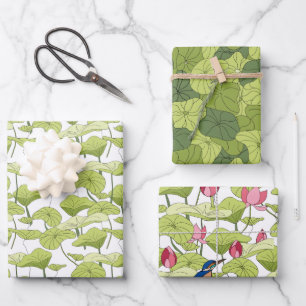 Lily lotus plants kingfisher green patterns wrapping paper sheet