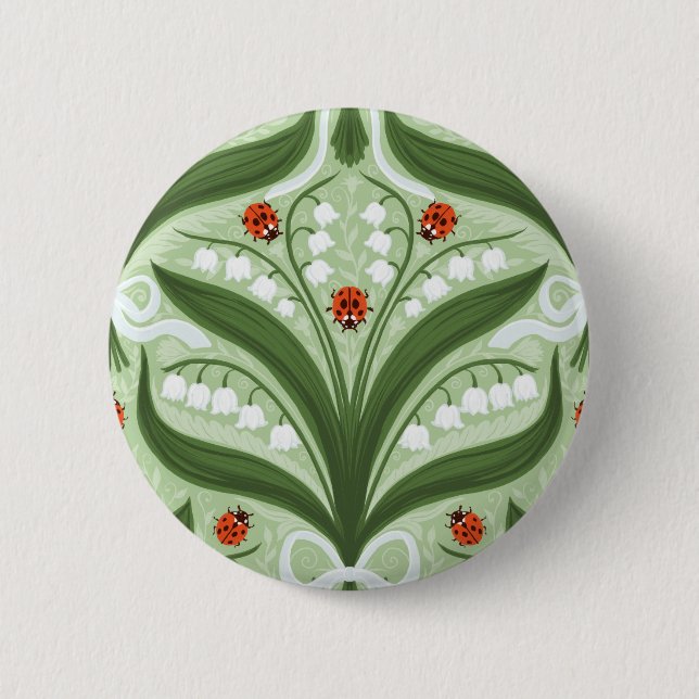 Lily of the valley and ladybugs symmetry in green, 6 cm round badge (Front)