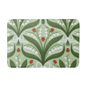 Lily of the valley and ladybugs symmetry in green, bath mat
