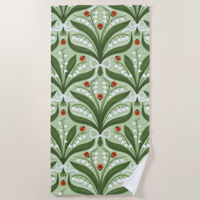 Lily of the valley and ladybugs symmetry in green, beach towel (Front)