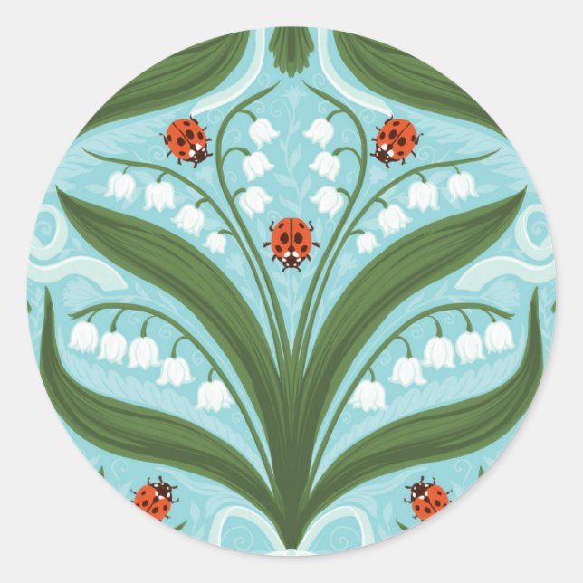 Lily of the valley and ladybugs symmetry in green, classic round sticker (Front)