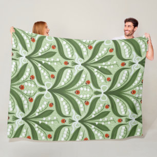 Lily of the valley and ladybugs symmetry in green, fleece blanket