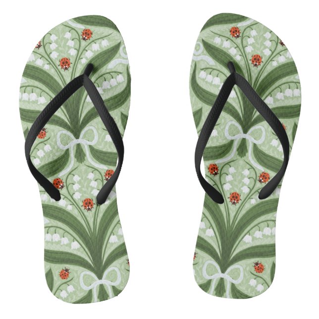 Lily of the valley and ladybugs symmetry in green, flip flops (Footbed)