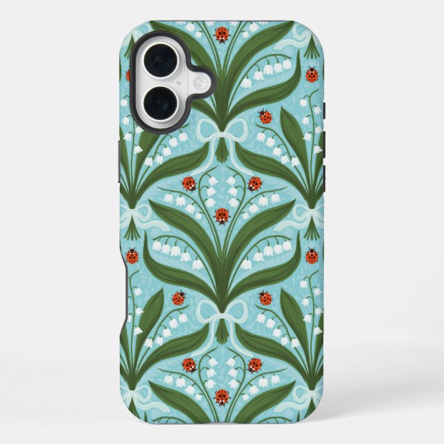 Lily of the valley and ladybugs symmetry in green, iPhone case (Back)