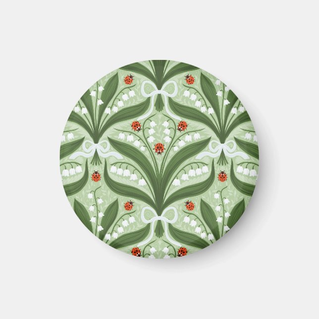 Lily of the valley and ladybugs symmetry in green, magnet (Front)