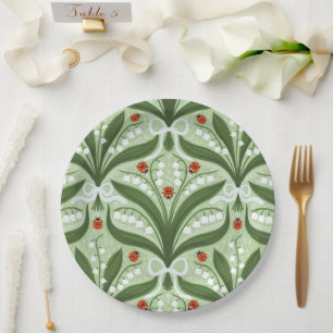 Lily of the valley and ladybugs symmetry in green, paper plate