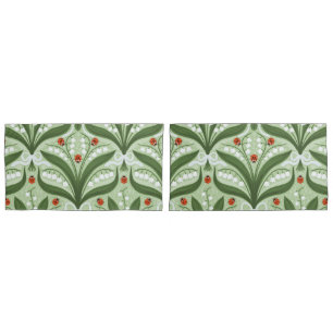 Lily of the valley and ladybugs symmetry in green, pillowcase