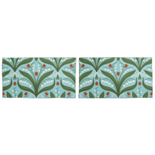 Lily of the valley and ladybugs symmetry in green, pillowcase