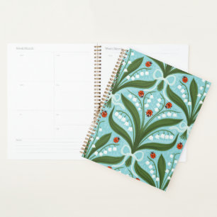 Lily of the valley and ladybugs symmetry in green, planner