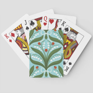 Lily of the valley and ladybugs symmetry in green, playing cards