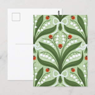 Lily of the valley and ladybugs symmetry in green, postcard