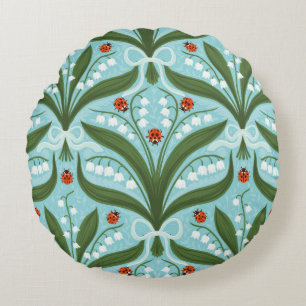 Lily of the valley and ladybugs symmetry in green, round cushion