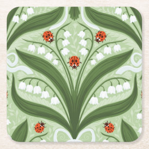 Lily of the valley and ladybugs symmetry in green, square paper coaster