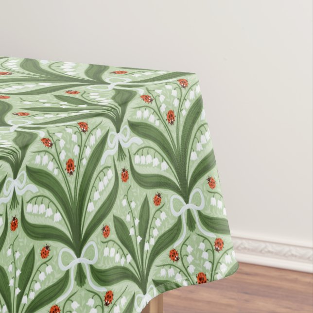 Lily of the valley and ladybugs symmetry in green, tablecloth (In Situ)