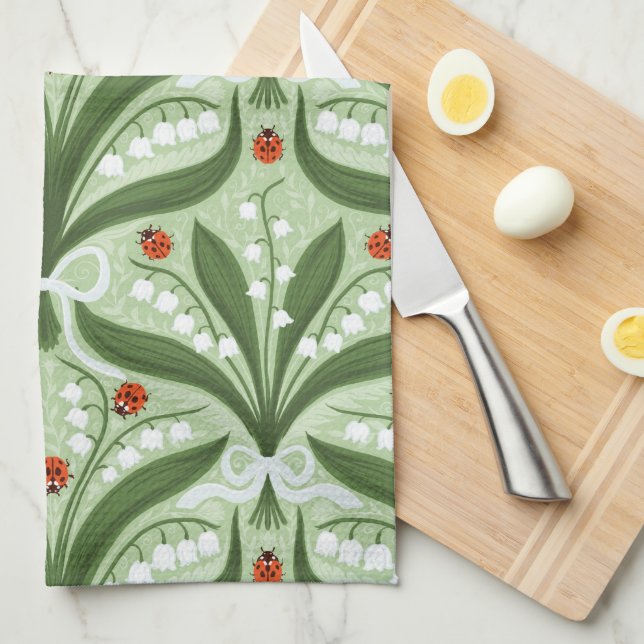 Lily of the valley and ladybugs symmetry in green, tea towel (Quarter Fold)