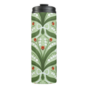 Lily of the valley and ladybugs symmetry in green, thermal tumbler