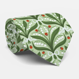 Lily of the valley and ladybugs symmetry in green, tie
