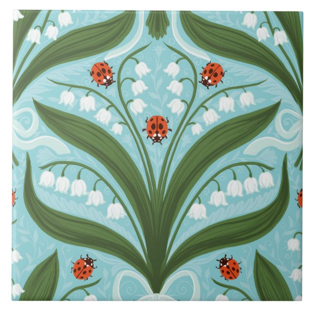 Lily of the valley and ladybugs symmetry in green, tile (Front)
