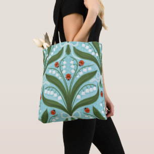 Lily of the valley and ladybugs symmetry in green, tote bag