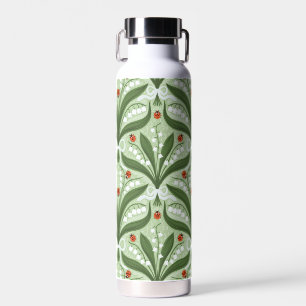 Lily of the valley and ladybugs symmetry in green, water bottle