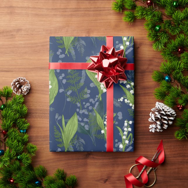 Lily of the Valley Dark Blue Background Wrapping Paper (Holiday Gift)