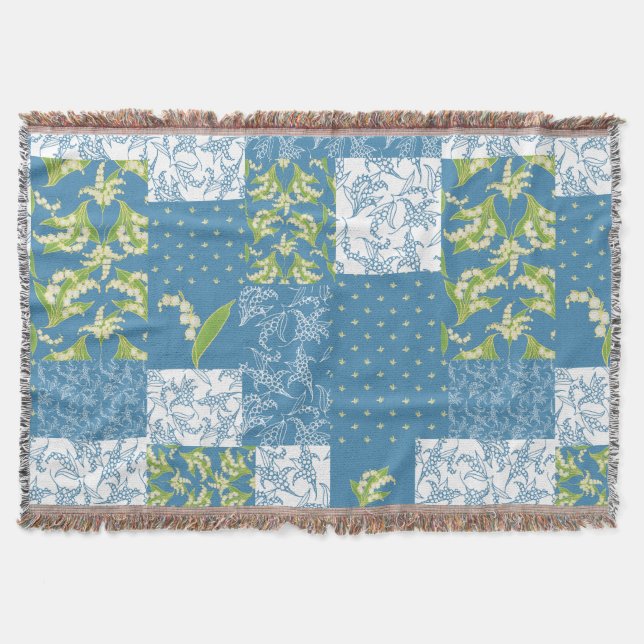 Lily-of-the-Valley Faux Patchwork Blue Throw Blanket (Front)
