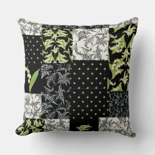 Lily-of-the-Valley Faux Patchwork on Black Cushion