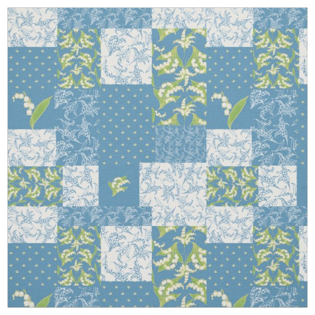 Lily-of-the-Valley Floral Faux Patchwork Blue Fabric (Swatch)