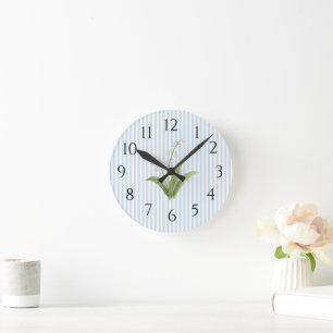 Lily of the Valley Flower Blue Stripe Preppy Round Clock
