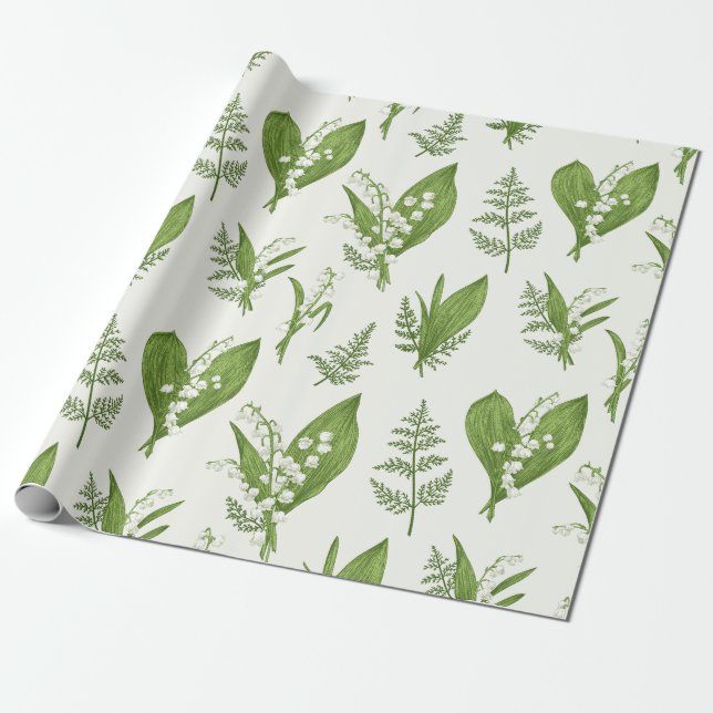 Lily of the Valley Flowers and Leaves Botanical  Wrapping Paper (Unrolled)