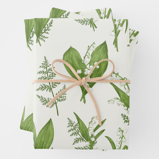 Lily of the Valley Flowers and Leaves Botanical  Wrapping Paper Sheet (In situ)