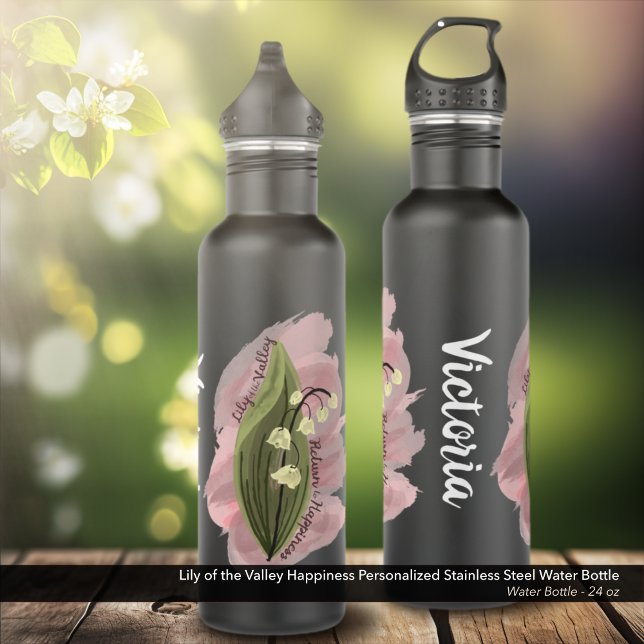 Lily of the Valley Happiness Personalised 710 Ml Water Bottle (Lily of the Valley Happiness Personalized Stainless Steel Water Bottle - Black)