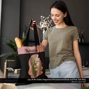 Lily of the Valley Happiness Personalised Black Tote Bag
