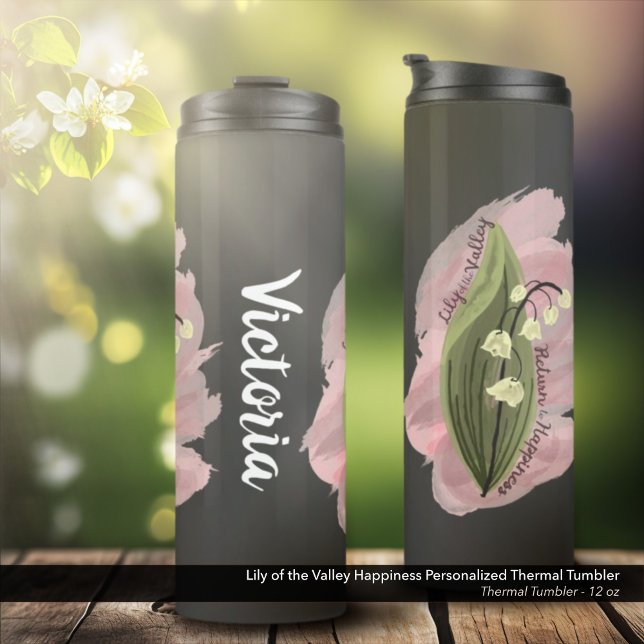 Lily of the Valley Happiness Personalised Thermal Tumbler (Lily of the Valley Happiness Personalized Thermal Tumbler in Black - 12 oz. Size)