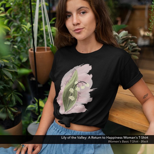 Lily of the Valley Happiness Watercolor Style T-Shirt (Lily of the Valley: A Return to Happiness: Watercolor Style Art on a Black T-Shirt)