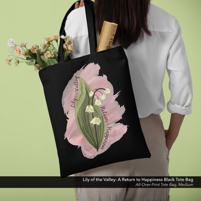 Lily of the Valley Happiness Watercolor Style Tote Bag (Lily of the Valley: A Return to Happiness Black Tote Bag - Medium)