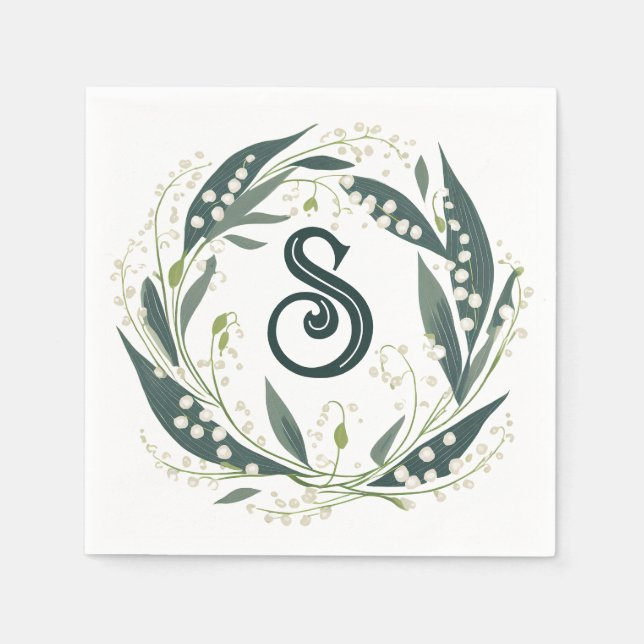 Lily of the Valley Initial Floral Wreath Napkin (Front)