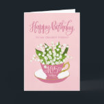 Lily of the Valley Teacup 105th Birthday Friend Card<br><div class="desc">A quaint little pink tea cup filled with a beautiful bunch of lily of the valley flowers along with the hand lettered words Happy Birthday on the top of card and the hand lettered words 105 today with love hearts on the tea cup. A sweet birthday card for your friend...</div>