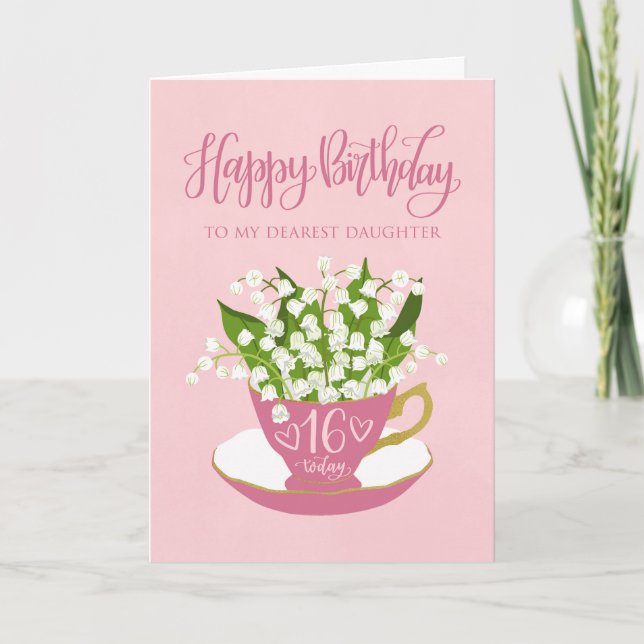 Lily of the Valley Teacup 16th Birthday Daughter Card (Front)