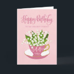 Lily of the Valley Teacup 44th Birthday Friend Card<br><div class="desc">A quaint little pink tea cup filled with a beautiful bunch of lily of the valley flowers along with the hand lettered words Happy Birthday on the top of card and the hand lettered words 44 today with love hearts on the tea cup. A sweet birthday card for your friend...</div>