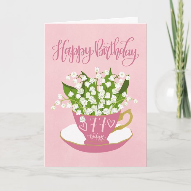 Lily of the Valley Teacup 77th Birthday Card (Front)
