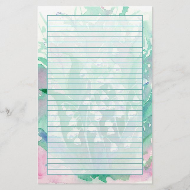 Lily of the Valley Watercolor Flowers Green Lined Stationery (Front)