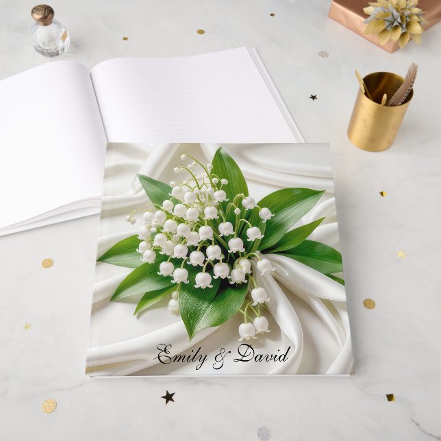 Lily of the Valley Wedding Bouquet On White Satin Guest Book (Front Open)