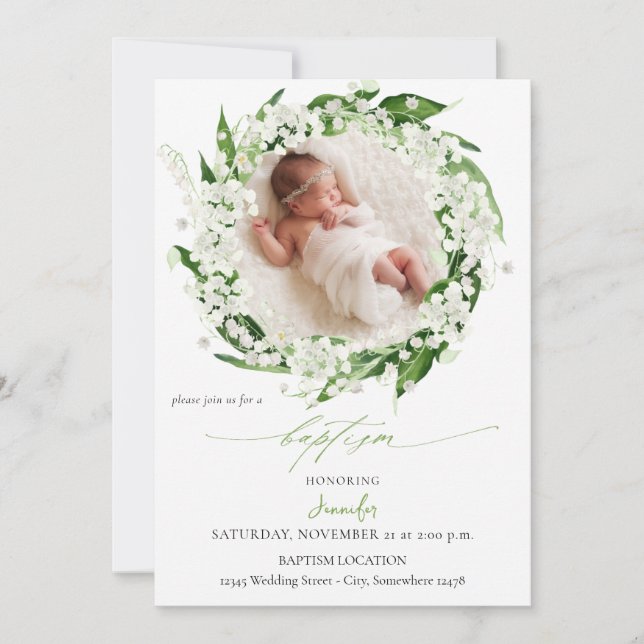 Lily of the Valley White Floral Baptism Invitation (Front)