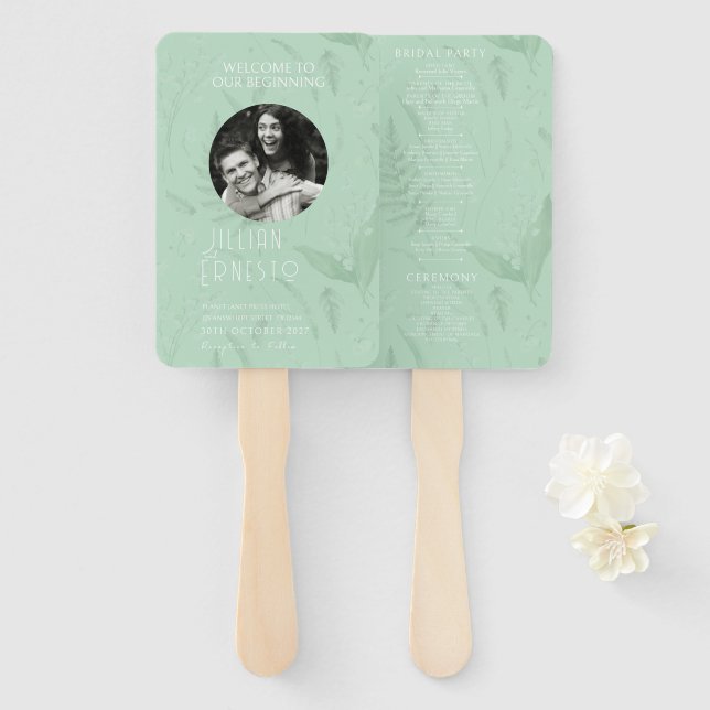 Lily of Valley || Soft Green Photo White Font Hand Fan (Front and Back)