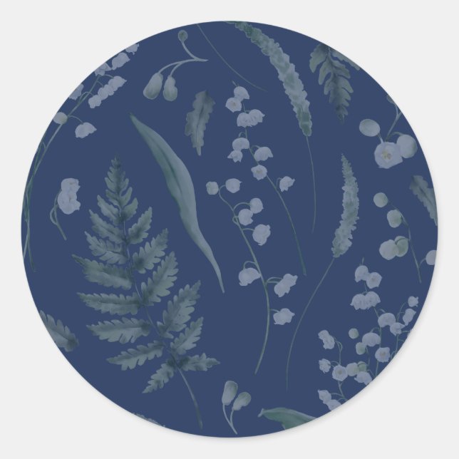 Lily of Valley with Ferns || Dark Blue Classic Round Sticker (Front)