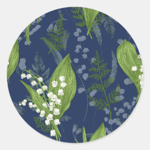 Lily of Valley with Ferns Dark Blue Classic Round Sticker
