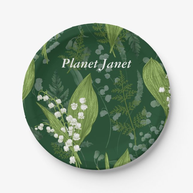 Lily of Valley with Ferns || Dark Green Custom Paper Plate (Front)