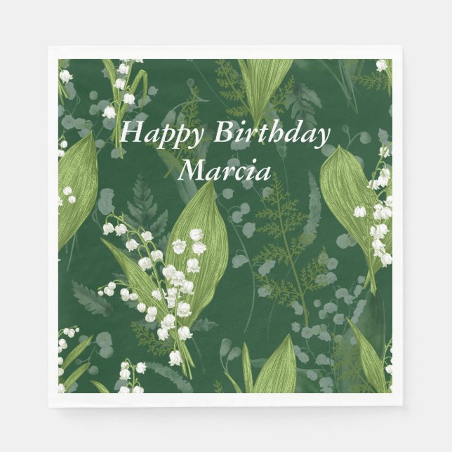 Lily of Valley with Ferns || Dark Green Napkin (Front)